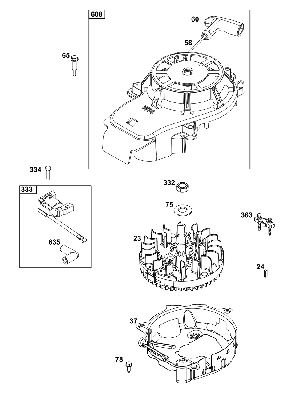 Flywheel, Ignition, And Starter Group Diagram and Parts List for 125P02-0024-H5 100000 - 19Z999 Briggs and Stratton Engine